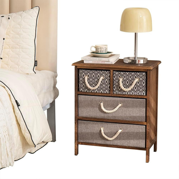 Latitude Run Wood Nightstand With 4 Fabric Drawers Night Stand Dresser For Bedroom Small Night Stand With Storage Drawers Tall Nightstand Bedside